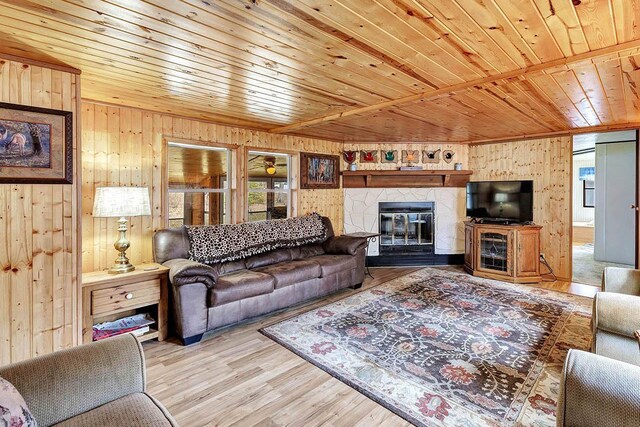 11689 Eagle Bluff Ln, Crivitz, WI 54114 - living room featuring wood ceiling, wood finished floors, wooden walls, and a fireplace