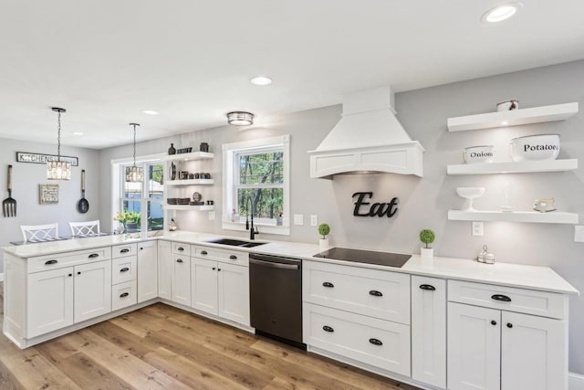 911 Fawn Ct, Wisconsin Dells, WI 53965 - kitchen with open shelves, a sink, dishwasher, premium range hood, and black electric stovetop