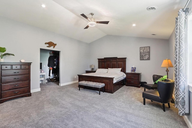 911 Fawn Ct, Wisconsin Dells, WI 53965 - bedroom featuring light colored carpet, lofted ceiling, baseboards, and a ceiling fan
