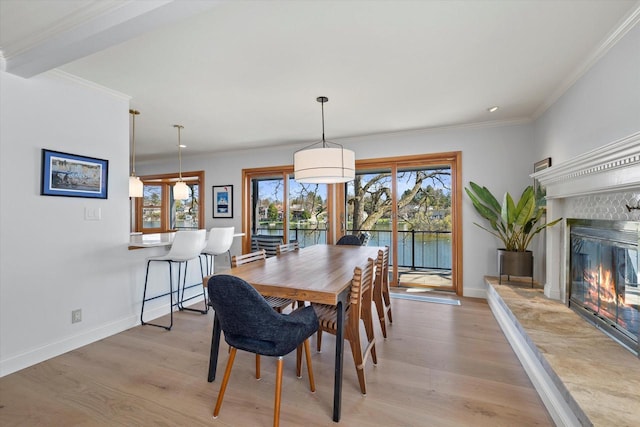 dining space featuring baseboards, light wood-style floors, a fireplace, and plenty of natural light