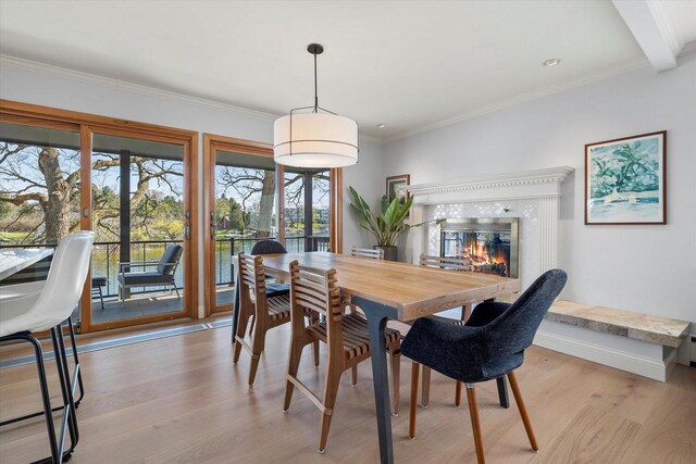 dining space featuring crown molding, a premium fireplace, and light wood-style floors