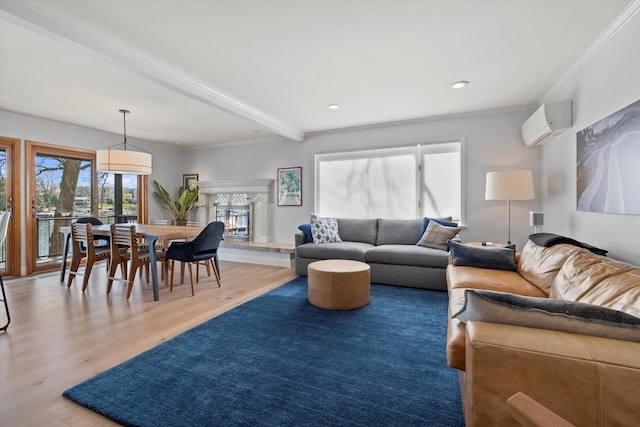 living area with recessed lighting, a wall unit AC, beam ceiling, ornamental molding, and wood finished floors