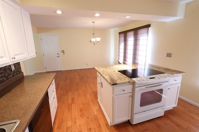 kitchen with light stone counters, white cabinets, light wood-style floors, an inviting chandelier, and white range with electric cooktop