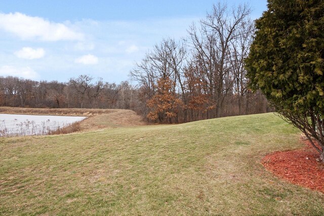 view of yard featuring a forest view and a water view