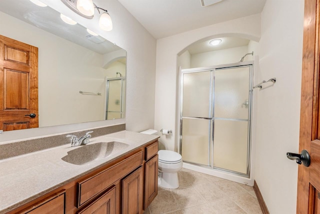 bathroom featuring toilet, vanity, a shower stall, and tile patterned flooring