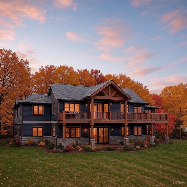 LT17 Bridlewood Ct, Lake Geneva, WI 53147 - back of house at dusk with a lawn and stone siding