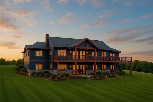 LT17 Bridlewood Ct, Lake Geneva, WI 53147 - back of property at dusk featuring stone siding, a lawn, a chimney, and a deck