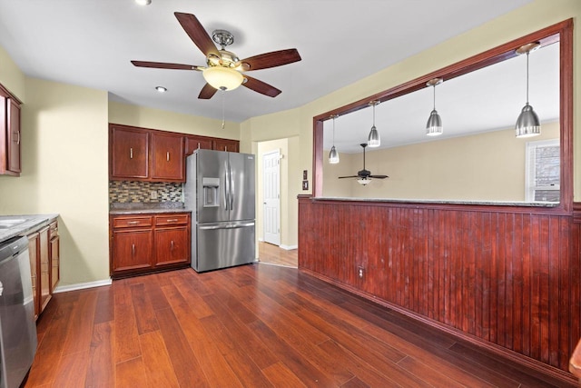9073 N Joyce Ave, Milwaukee, WI 53224 - kitchen featuring tasteful backsplash, ceiling fan, appliances with stainless steel finishes, and dark wood-type flooring