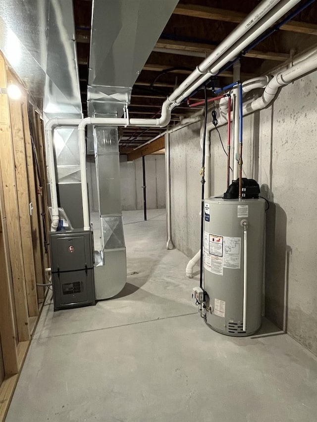 unfinished basement with heating unit and water heater