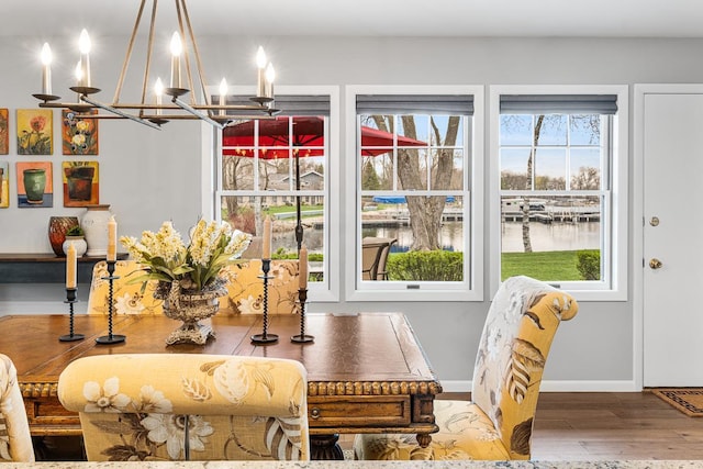 dining area featuring an inviting chandelier, a water view, a wealth of natural light, and wood finished floors