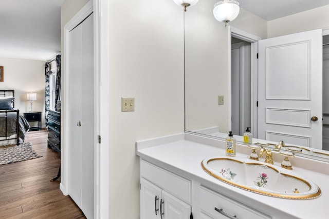 bathroom with wood finished floors and vanity