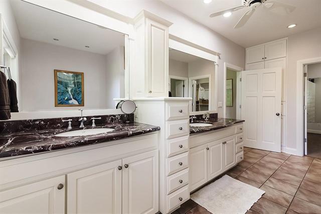 bathroom featuring a ceiling fan, a sink, two vanities, tile patterned flooring, and recessed lighting