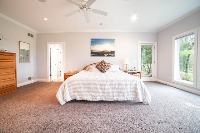 carpeted bedroom featuring access to outside, visible vents, and ornamental molding