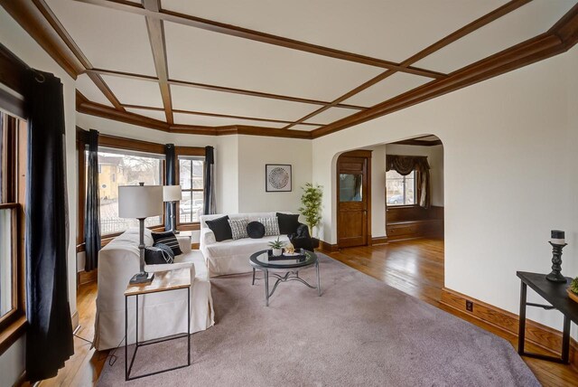 1324 Washington Ave, Oshkosh, WI 54901 - living room with plenty of natural light, arched walkways, coffered ceiling, and wood finished floors