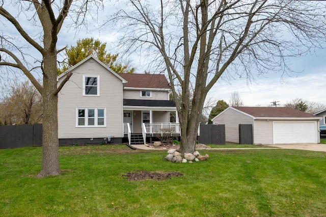 3326 6 Mile Rd, Racine, WI 53402 - traditional-style house featuring an outbuilding, covered porch, a front yard, fence, and a garage