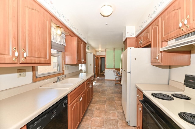kitchen with a sink, under cabinet range hood, light countertops, range with electric stovetop, and dishwasher