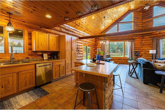 2374 320th St, Clear Lake, WI 54005 - kitchen with wood ceiling, stainless steel dishwasher, rustic walls, a sink, and open floor plan