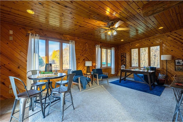2374 320th St, Clear Lake, WI 54005 - game room with wood ceiling, wooden walls, a ceiling fan, and carpet floors