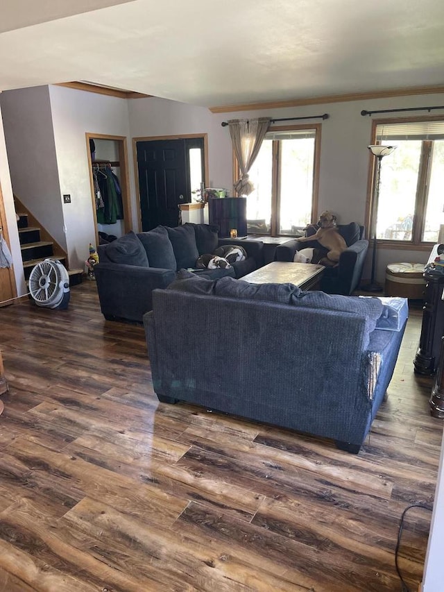 4327 29th St, Kenosha, WI 53144 - living area with wood finished floors, stairway, and crown molding
