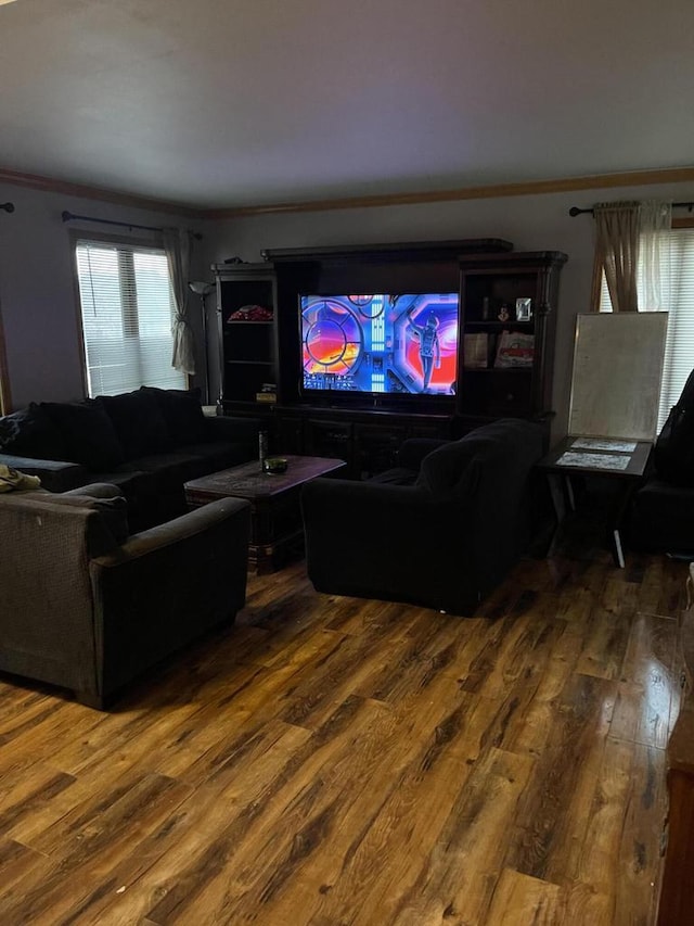 4327 29th St, Kenosha, WI 53144 - living room featuring hardwood / wood-style floors and ornamental molding