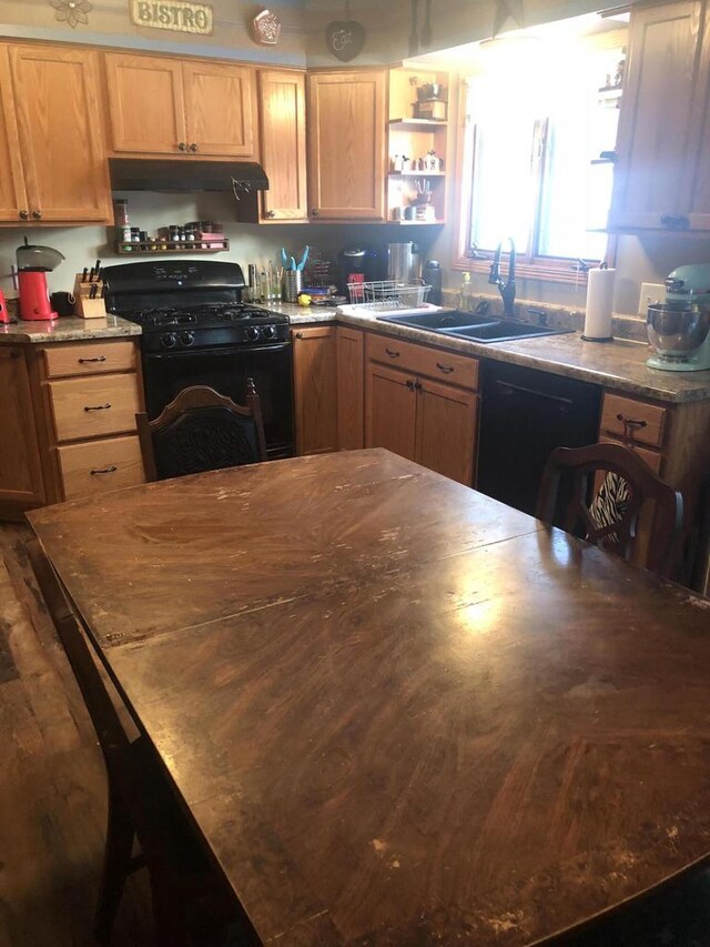 4327 29th St, Kenosha, WI 53144 - kitchen featuring black appliances, a sink, under cabinet range hood, and open shelves