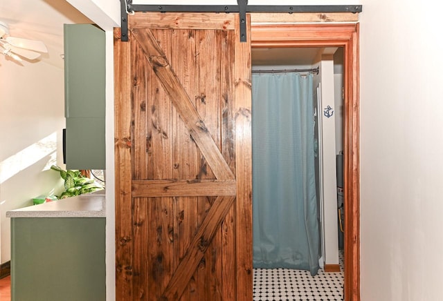 4308 W Dr, Delavan, WI 53115 - interior space with a ceiling fan and a shower with shower curtain
