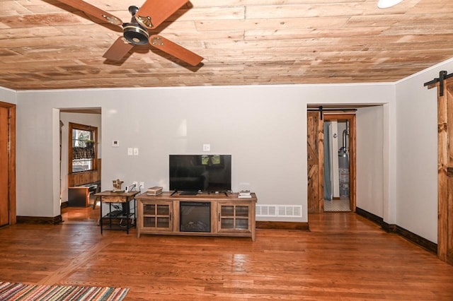 4308 W Dr, Delavan, WI 53115 - living room featuring visible vents, a barn door, a ceiling fan, and wood ceiling