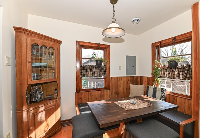 4308 W Dr, Delavan, WI 53115 - dining room featuring wood finished floors, a wainscoted wall, wooden walls, and electric panel