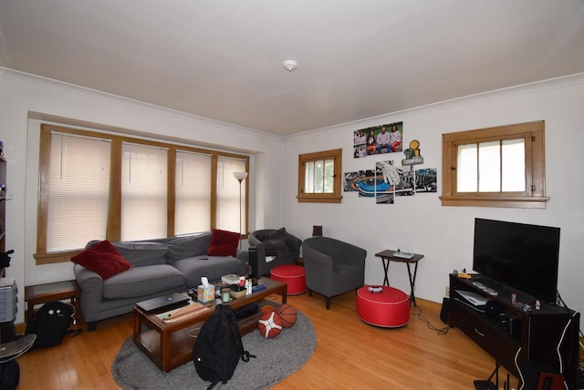 living room with ornamental molding and wood finished floors