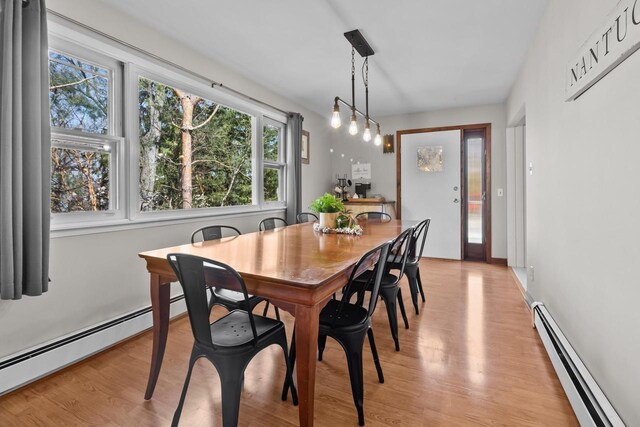 515 Maple Hill Ter, Twin Lakes, WI 53181 - dining area featuring a baseboard heating unit, light wood finished floors, and a baseboard radiator