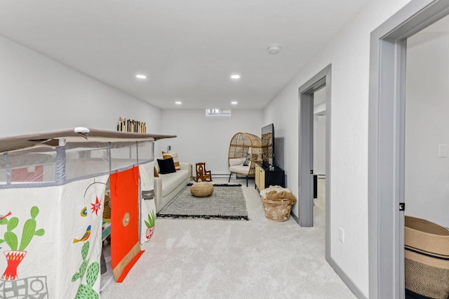 recreation room featuring recessed lighting and carpet flooring