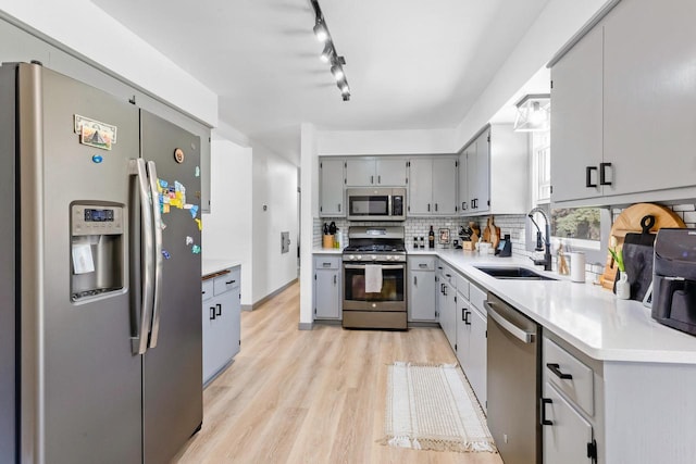 kitchen with gray cabinets, appliances with stainless steel finishes, backsplash, light wood finished floors, and a sink