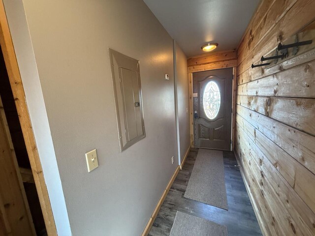 475 Overlook Ct, Warrens, WI 54666 - doorway featuring electric panel, wood walls, wood finished floors, and baseboards