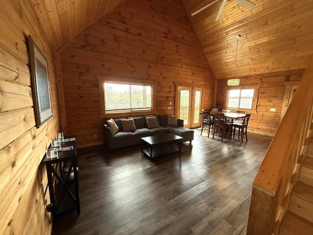 475 Overlook Ct, Warrens, WI 54666 - living area featuring ceiling fan, wood walls, wood finished floors, and wood ceiling