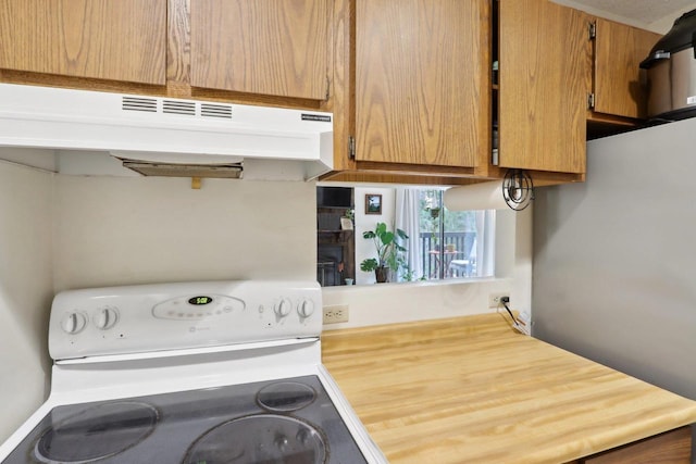 kitchen with electric range oven, brown cabinetry, and under cabinet range hood