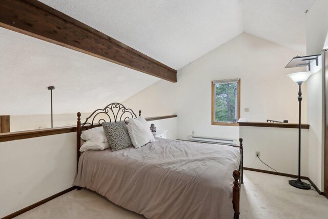 carpeted bedroom featuring baseboards, lofted ceiling, and a baseboard radiator