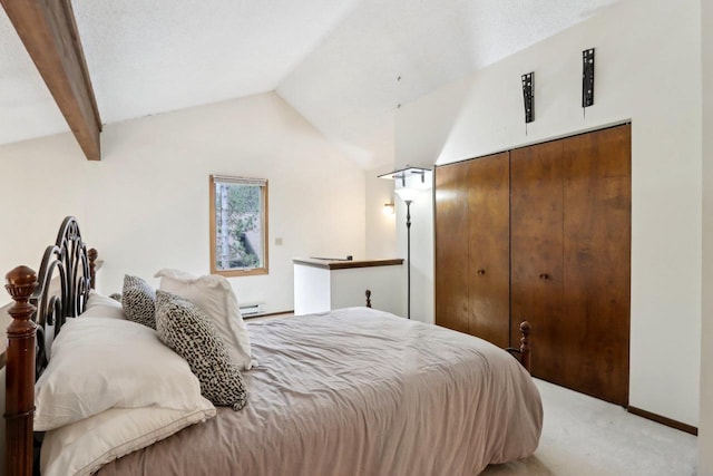 carpeted bedroom with a closet, baseboard heating, and lofted ceiling