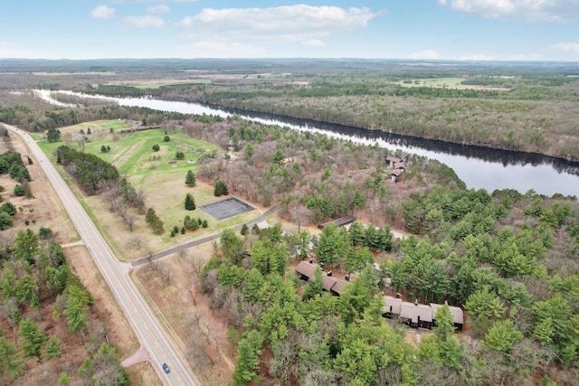 aerial view with a water view and a view of trees