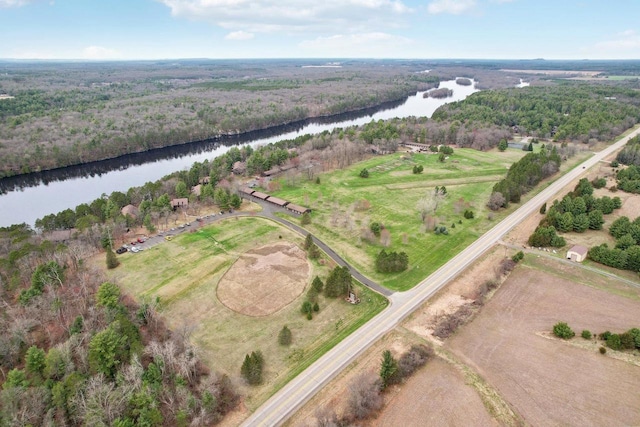birds eye view of property featuring a water view and a forest view