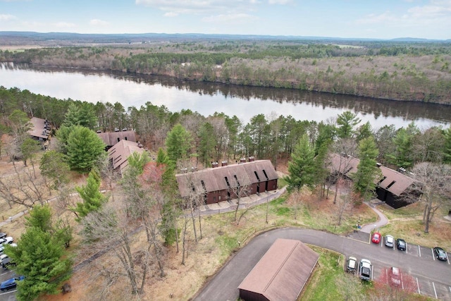 aerial view featuring a water view and a view of trees
