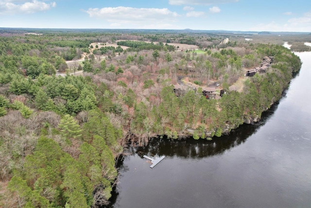 aerial view with a water view and a forest view