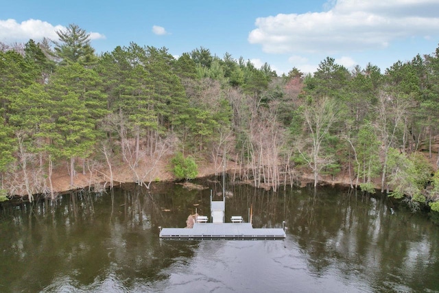 view of dock with a water view and a forest view