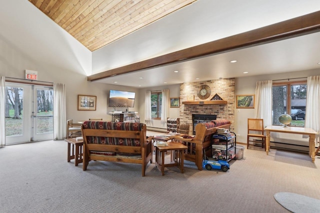 living room with recessed lighting, a fireplace, carpet flooring, and a baseboard radiator