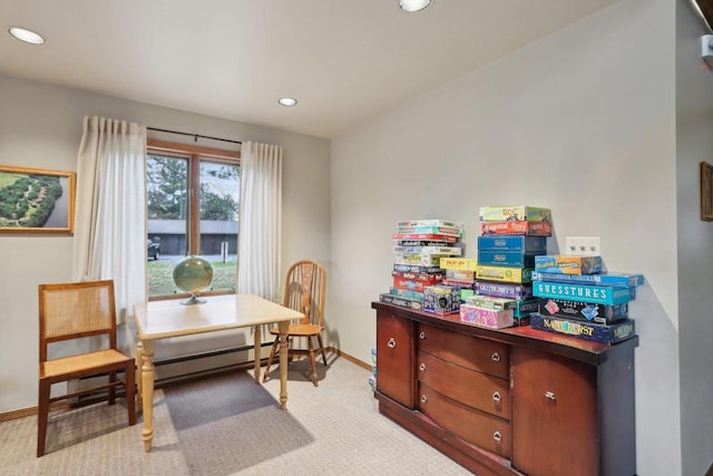 interior space featuring recessed lighting, light carpet, and baseboards