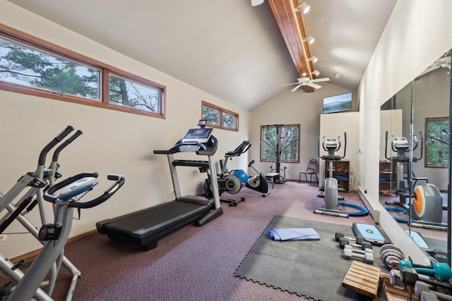 exercise room with a ceiling fan, vaulted ceiling, carpet, and baseboards