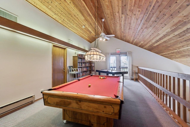 rec room with a baseboard radiator, carpet, ceiling fan, billiards, and lofted ceiling