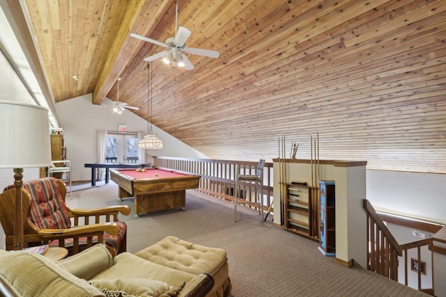 playroom with wooden ceiling, vaulted ceiling with beams, carpet floors, ceiling fan, and billiards