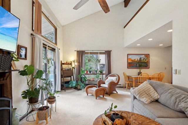 living area featuring recessed lighting, carpet flooring, beam ceiling, high vaulted ceiling, and a ceiling fan