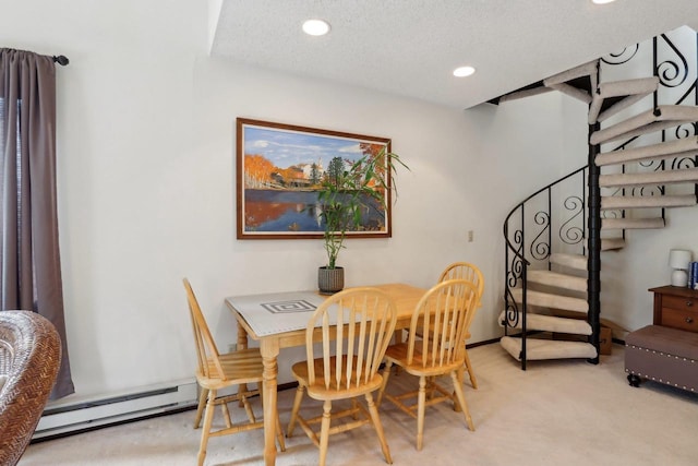 dining space with recessed lighting, a textured ceiling, stairway, and light carpet