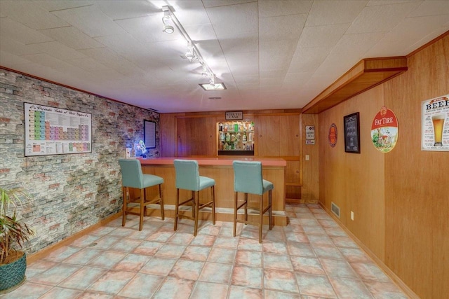 bar featuring visible vents, light floors, wooden walls, rail lighting, and a dry bar